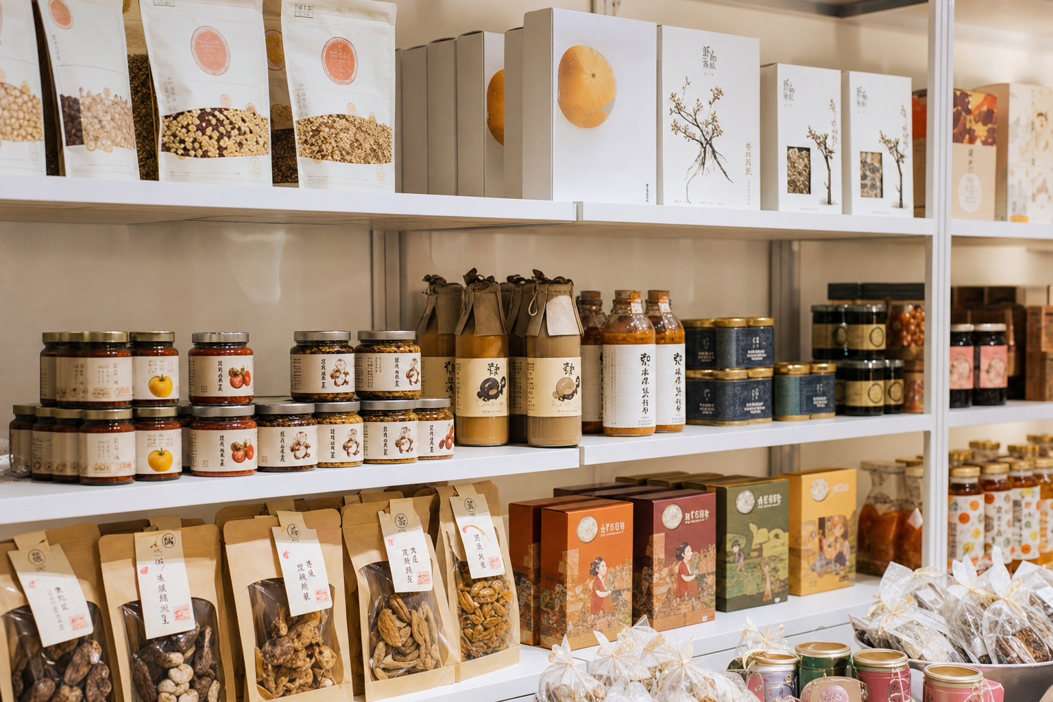 包裝食品陳列 — Packaged food products on shelving